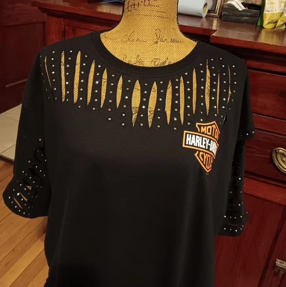 NWOT Handmade Chitown Harley-Davidson Black Cut-Out Short Sleeve Fringe Top - Picture 3 of 5